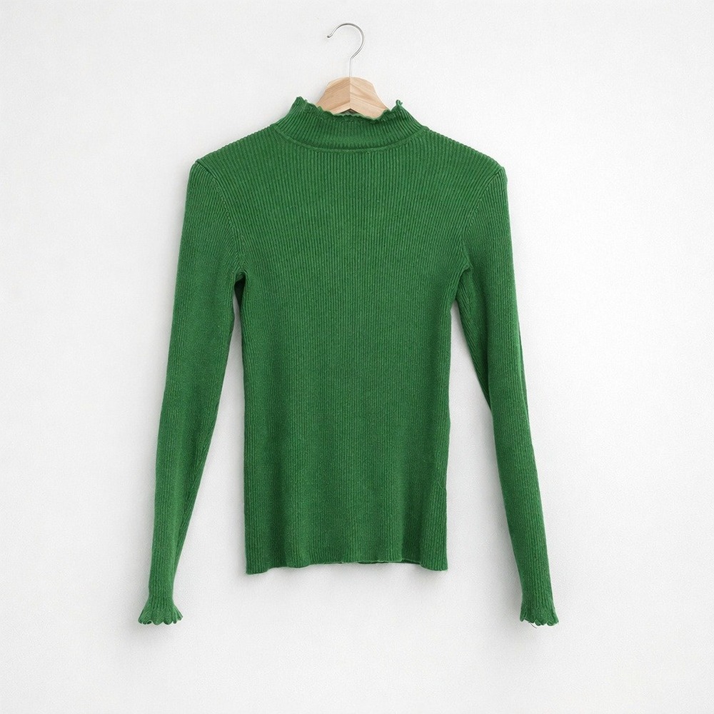 Boden Women Green Ribbed Mock Turtleneck Sweater Ruffled Collar Cuffs Knit Small